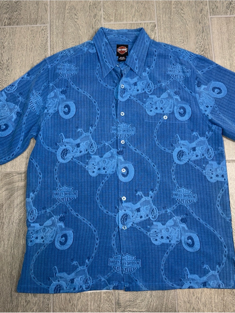Harley Davidson Shirt Men’s L Blue Silk Tori Richard Motorcycle Graphic Vintage - Picture 8 of 10